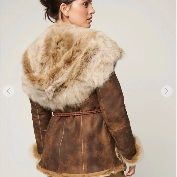 Overland Natasha Hooded Toscana Sheepskin Brown Leather and Fur Coat Small - Picture 4 of 11
